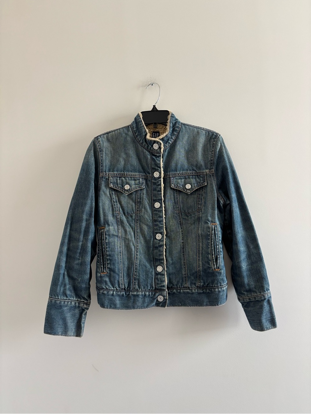 Vintage Y2K 2003 Gap Denim Jean Jacket Faux Fur Lined Women S Faded Moto Trucker
